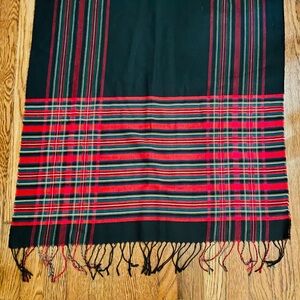 Talbots Lightweight Black Red Plaid Large Scarf Fringe  28”X 76" Wool Cotton